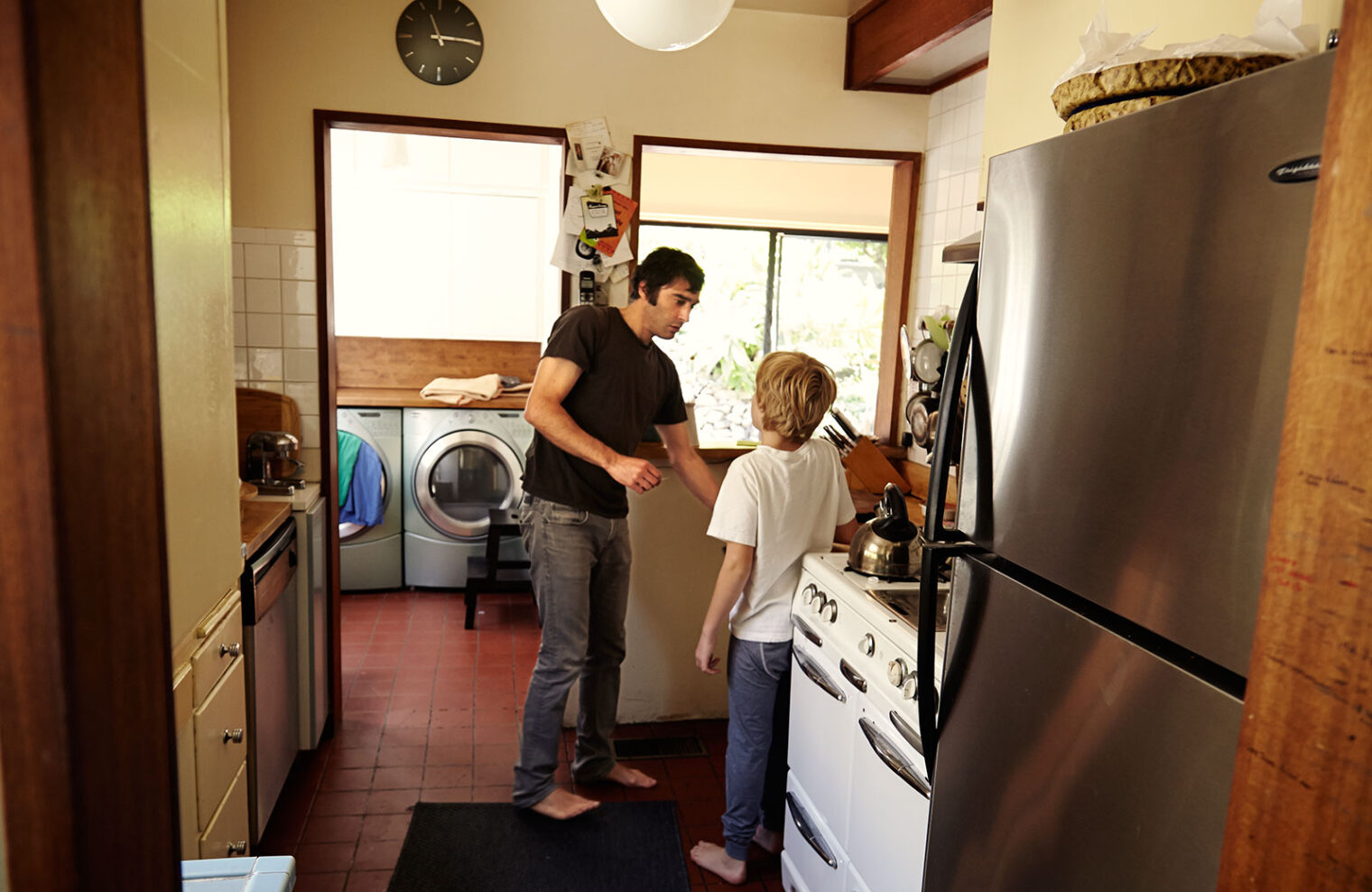 father, son, laundry, kitchen